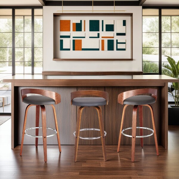 Armen Living Sonia 30" Bar Height Swivel Gray Faux Leather and Walnut Wood Bar Stool - LCSOBAGRWA30