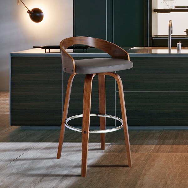Armen Living Sonia 30" Bar Height Swivel Gray Faux Leather and Walnut Wood Bar Stool - LCSOBAGRWA30
