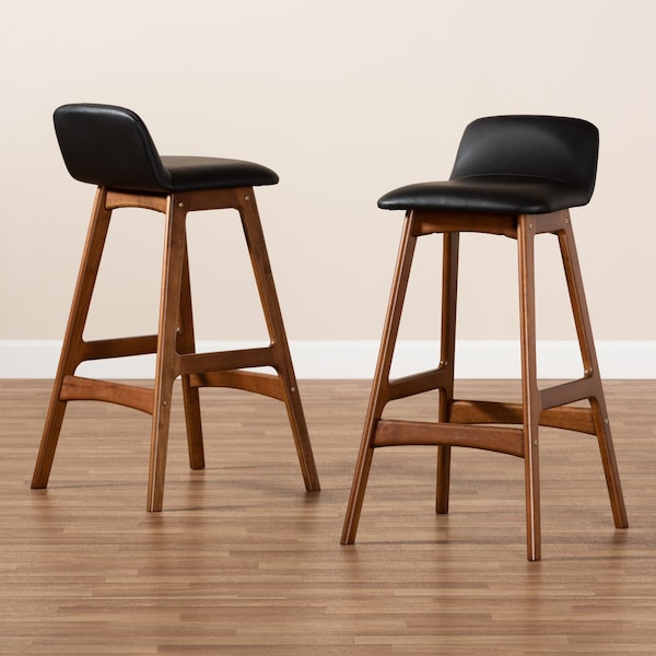 Baxton Studio Darrin Mid-Century Modern Black Faux Leather and Walnut Brown Finished Wood 2-Piece Bar Stool Set - 176-11018-ZORO