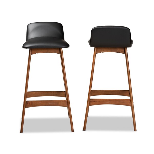Baxton Studio Darrin Mid-Century Modern Black Faux Leather and Walnut Brown Finished Wood 2-Piece Bar Stool Set - 176-11018-ZORO