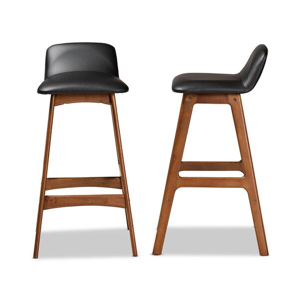 Baxton Studio Darrin Mid-Century Modern Black Faux Leather and Walnut Brown Finished Wood 2-Piece Bar Stool Set - 176-11018-ZORO