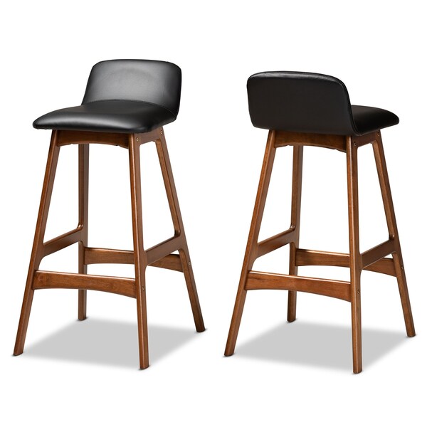 Baxton Studio Darrin Mid-Century Modern Black Faux Leather and Walnut Brown Finished Wood 2-Piece Bar Stool Set - 176-11018-ZORO