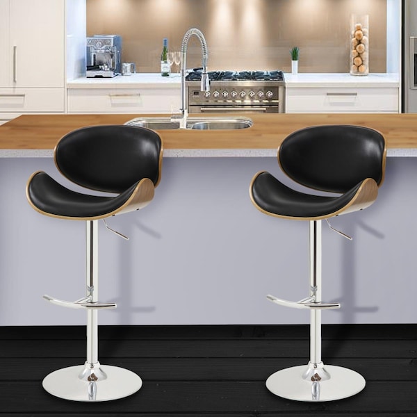 Armen Living Naples Swivel Barstool in Chrome with Black Faux Leather Walnut Veneer Back - LCNABABLKWA