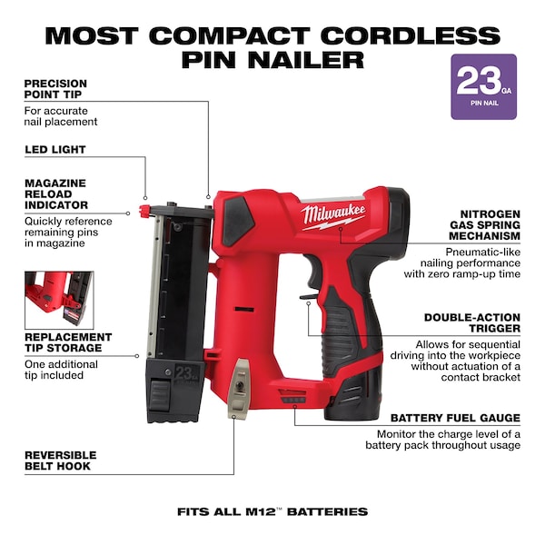 Milwaukee Tool M12 23 Gauge Pin Nailer Kit - 2540-21