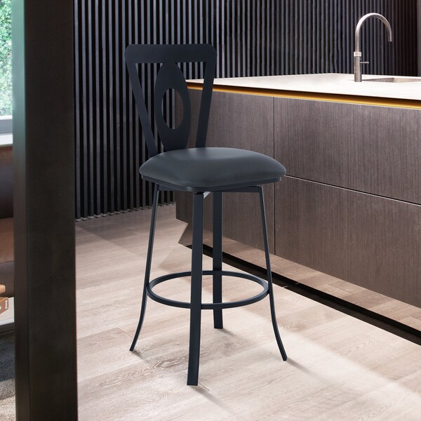 Armen Living Lola Contemporary 30" Bar Height Barstool in Matte Black Finish and Gray Faux Leather - LCLLBAMBGR30