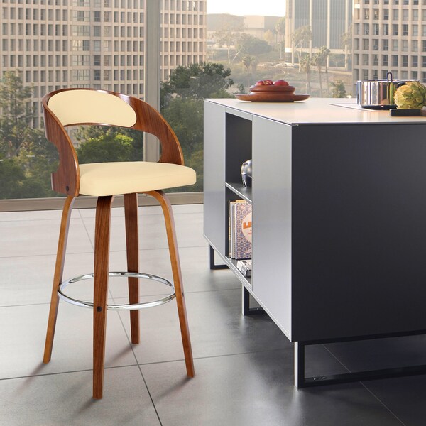 Armen Living Shelly 30" Bar Height Swivel Cream Faux Leather and Walnut Wood Bar Stool - LCSHBACRWA30