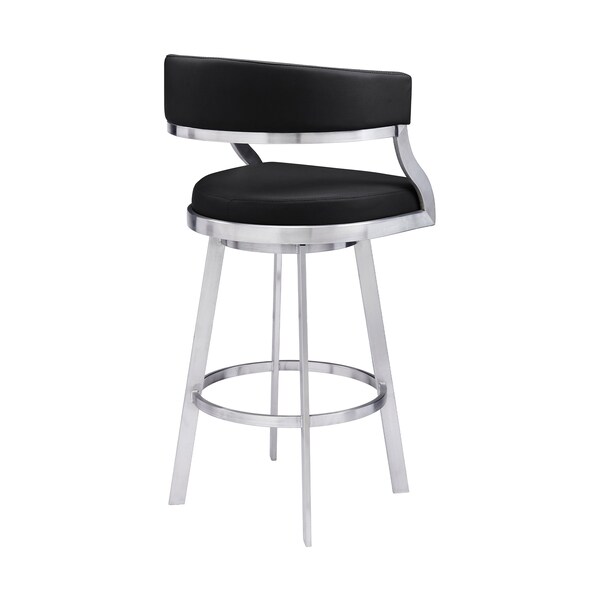 Armen Living Saturn 30" Bar Height Swivel Black Faux Leather and Brushed Stainless Steel Bar Stool - LCSNBABSBL30