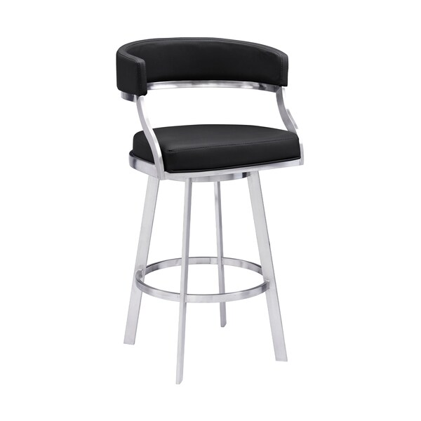 Armen Living Saturn 30" Bar Height Swivel Black Faux Leather and Brushed Stainless Steel Bar Stool - LCSNBABSBL30