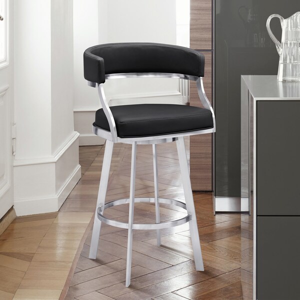 Armen Living Saturn 30" Bar Height Swivel Black Faux Leather and Brushed Stainless Steel Bar Stool - LCSNBABSBL30