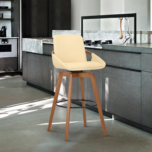 Armen Living Baylor 26" Cream Faux Leather and Walnut Wood Swivel Bar Stool - LCBABAWACR26