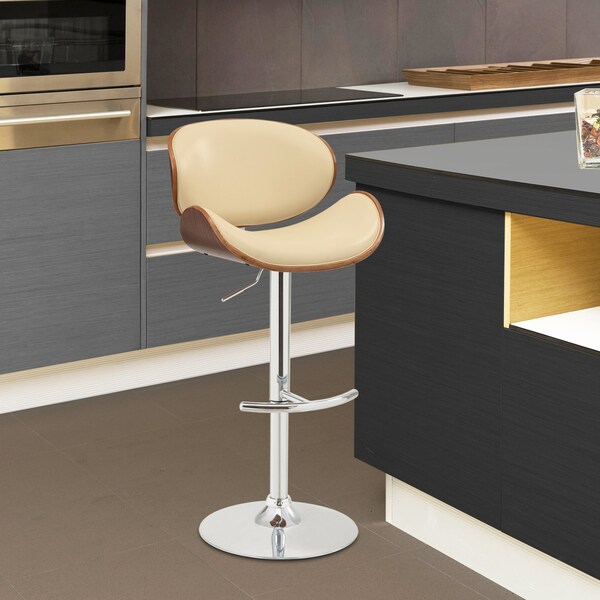 Armen Living Naples Cream Faux Leather Adjustable Height Swivel Walnut Wood and Chrome Base Bar Stool - LCNABACRWA