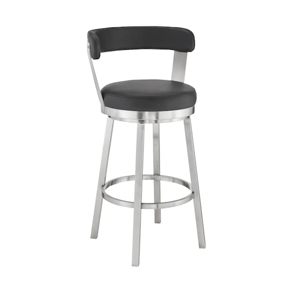 Armen Living Kobe 30" Bar Height Swivel Bar Stool in Brushed Stainless Steel Finish and Black Faux Leather - 721535761791