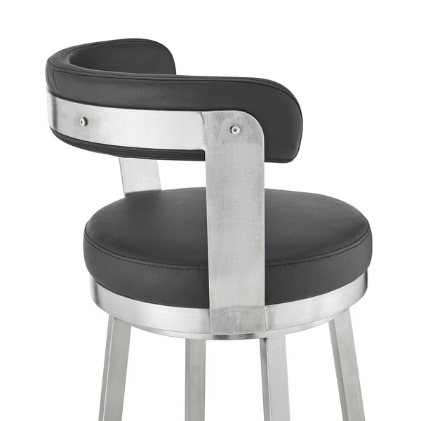 Armen Living Kobe 30" Bar Height Swivel Bar Stool in Brushed Stainless Steel Finish and Black Faux Leather - 721535761791