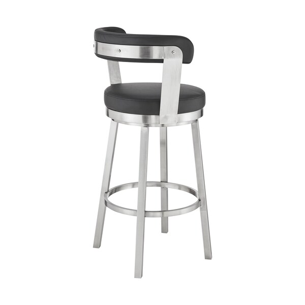 Armen Living Kobe 30" Bar Height Swivel Bar Stool in Brushed Stainless Steel Finish and Black Faux Leather - 721535761791
