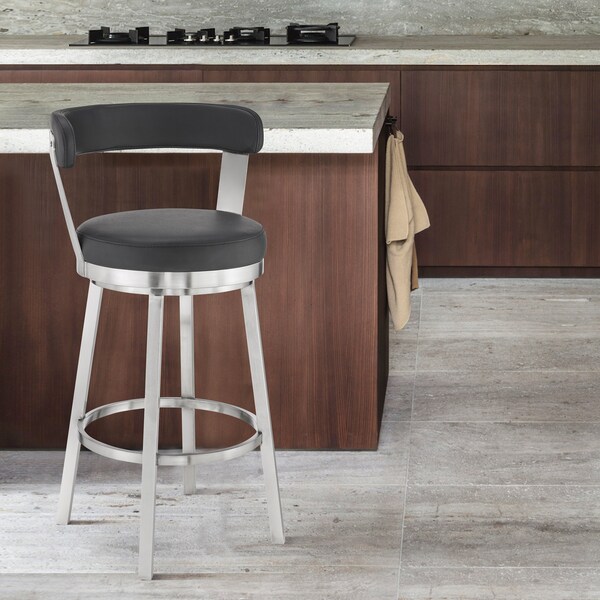 Armen Living Kobe 30" Bar Height Swivel Bar Stool in Brushed Stainless Steel Finish and Black Faux Leather - 721535761791