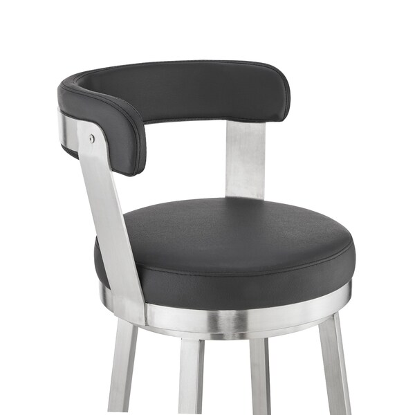 Armen Living Kobe 30" Bar Height Swivel Bar Stool in Brushed Stainless Steel Finish and Black Faux Leather - 721535761791