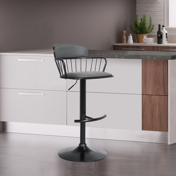 Armen Living Nash Adjustable Black Wood Bar Stool in Gray Faux Leather with Black Metal - LCNABABLKGRY