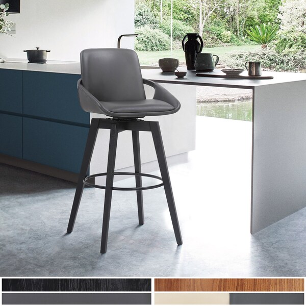Armen Living Baylor 30" Gray Faux Leather and Black Wood Swivel Bar Stool - LCBABABLGR30
