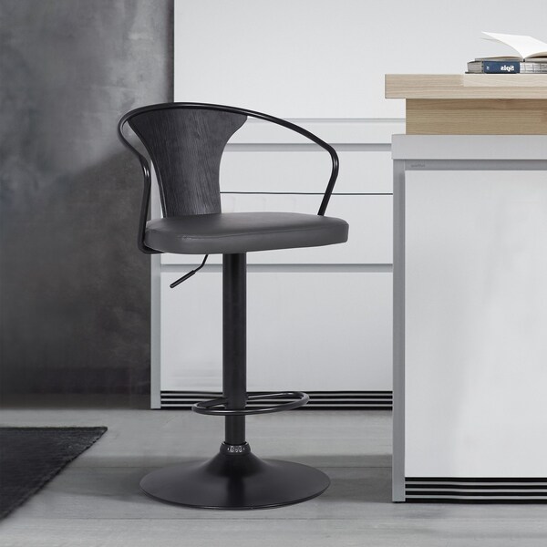 Armen Living Eagle Adjustable Height Swivel Gray Faux Leather and Black Wood Bar Stool with Black Metal Base - LCEASWBABLGR
