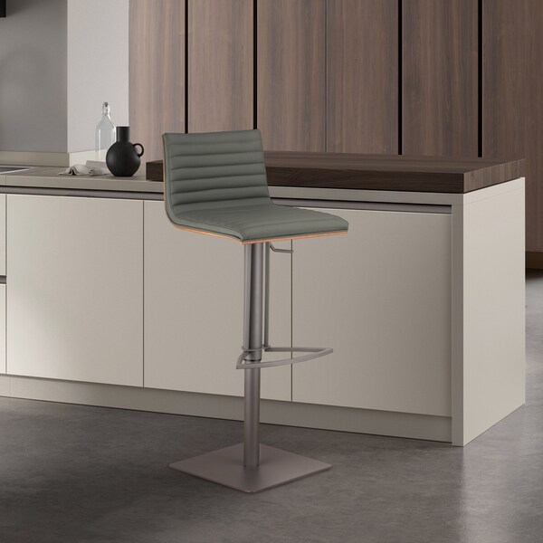Armen Living Cafe Adjustable Height Swivel Gray Faux Leather and Walnut Wood Bar Stool with Gray Metal Base - LCCASWBAGRBA