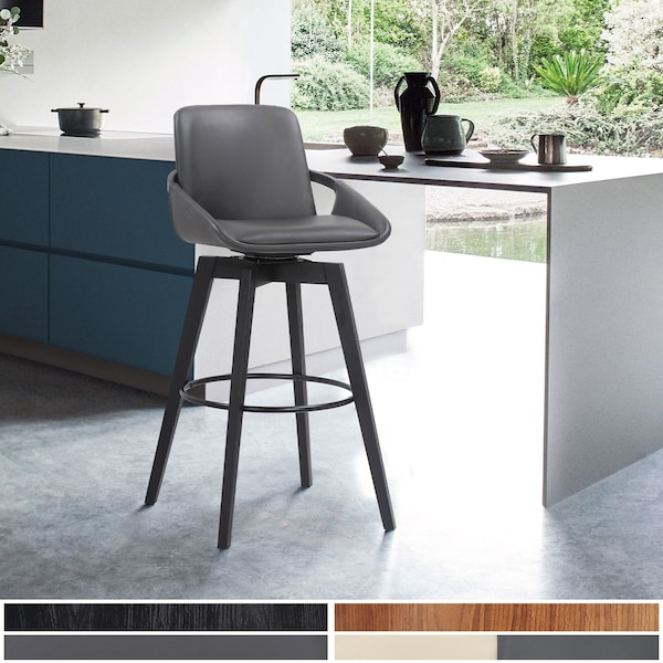 Armen Living Baylor 26" Gray Faux Leather and Black Wood Swivel Bar Stool - LCBABABLGR26