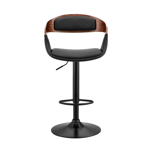 Armen Living Benson Adjustable Black Faux Leather and Walnut Wood Bar Stool with Black Base - LCBNBAWABLBL