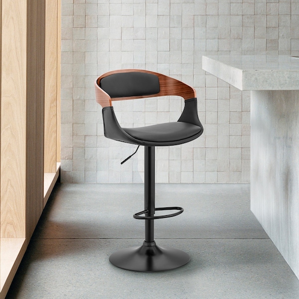 Armen Living Benson Adjustable Black Faux Leather and Walnut Wood Bar Stool with Black Base - LCBNBAWABLBL