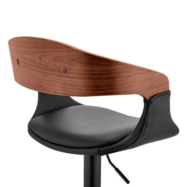 Armen Living Benson Adjustable Black Faux Leather and Walnut Wood Bar Stool with Black Base - LCBNBAWABLBL
