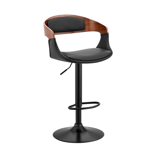 Armen Living Benson Adjustable Black Faux Leather and Walnut Wood Bar Stool with Black Base - LCBNBAWABLBL