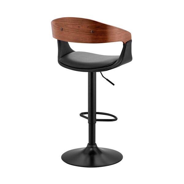 Armen Living Benson Adjustable Black Faux Leather and Walnut Wood Bar Stool with Black Base - LCBNBAWABLBL