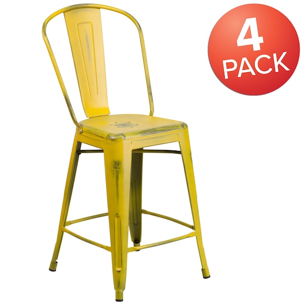 Flash Furniture Distressed Yellow Metal Stool, PK4 - 4-ET-3534-24-YL-GG