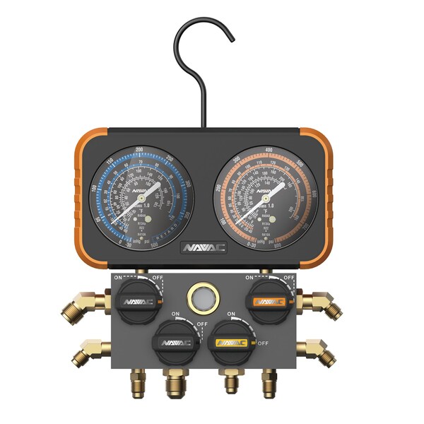 Navac Manifold Gauge, 4-Valve, 3-1/8", R410A/22/134a/404A, 5' Hoses - N4A4H