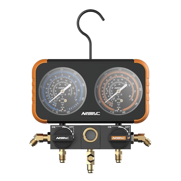 Navac Manifold Gauge, 3-1/8"OD, Aluminum Body, R22/410A/134a/404A, No Hoses - N2A4