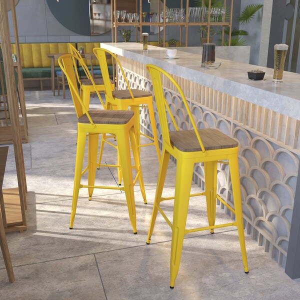 Flash Furniture Yellow Metal Barstool with Back and Wood Seat, 30" High, PK4 - 4-CH-31320-30GB-YL-WD-GG