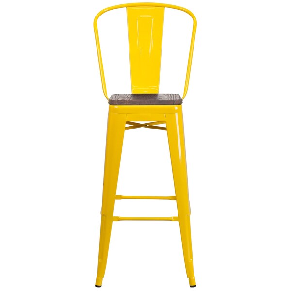 Flash Furniture Yellow Metal Barstool with Back and Wood Seat, 30" High, PK4 - 4-CH-31320-30GB-YL-WD-GG