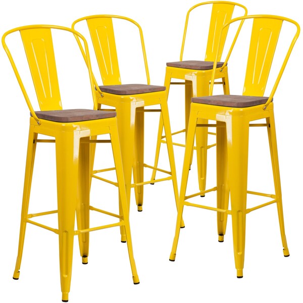 Flash Furniture Yellow Metal Barstool with Back and Wood Seat, 30" High, PK4 - 4-CH-31320-30GB-YL-WD-GG