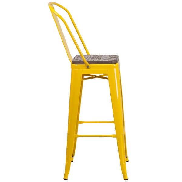 Flash Furniture Yellow Metal Barstool with Back and Wood Seat, 30" High, PK4 - 4-CH-31320-30GB-YL-WD-GG