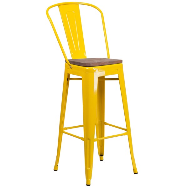 Flash Furniture Yellow Metal Barstool with Back and Wood Seat, 30" High, PK4 - 4-CH-31320-30GB-YL-WD-GG