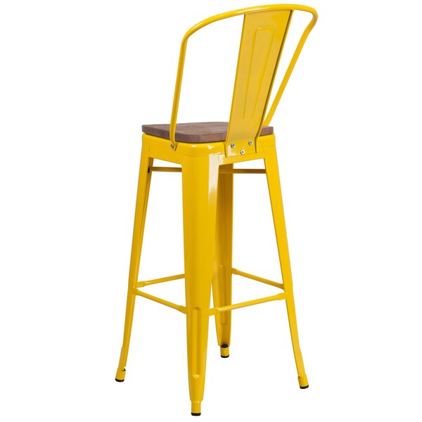 Flash Furniture Yellow Metal Barstool with Back and Wood Seat, 30" High, PK4 - 4-CH-31320-30GB-YL-WD-GG