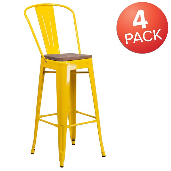 Flash Furniture Yellow Metal Barstool with Back and Wood Seat, 30" High, PK4 - 4-CH-31320-30GB-YL-WD-GG