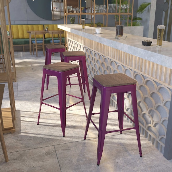 Flash Furniture Backless Purple Barstool with Square Wood Seat, 30" High, PK4 - 4-ET-BT3503-30-PUR-WD-GG