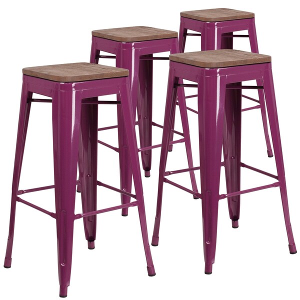 Flash Furniture Backless Purple Barstool with Square Wood Seat, 30" High, PK4 - 4-ET-BT3503-30-PUR-WD-GG