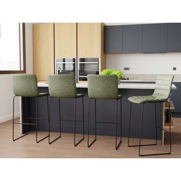 Leisuremod Brooklyn Modern Leather Bar Stool with Black Iron Base and Footrest, Olive Green, 2PK - BS29G2