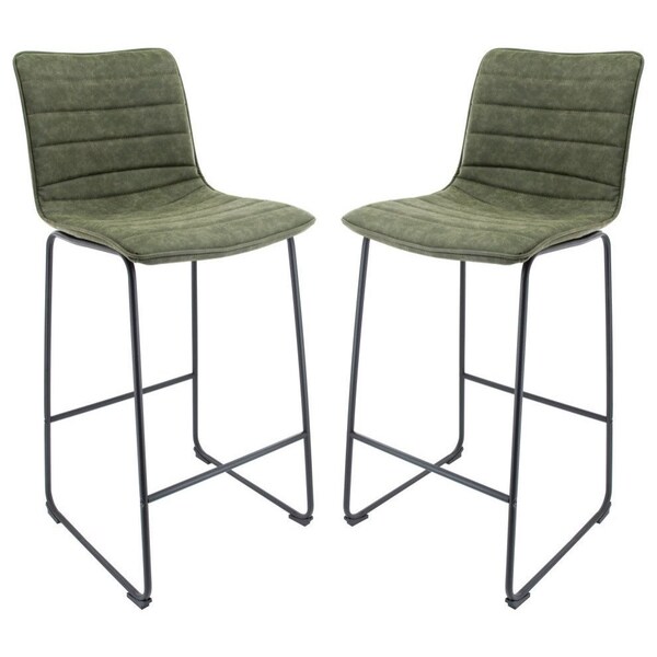 Leisuremod Brooklyn Modern Leather Bar Stool with Black Iron Base and Footrest, Olive Green, 2PK - BS29G2