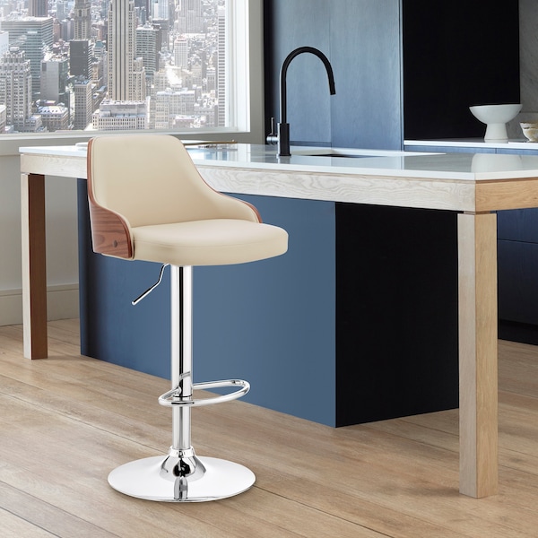 Armen Living Asher Adjustable Cream Faux Leather and Chrome Finish Bar Stool - LCARBAWACR