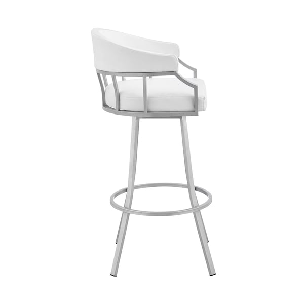 Armen Living Palmdale 30" Swivel White Faux Leather and Silver Metal Bar Stool - 795044878165