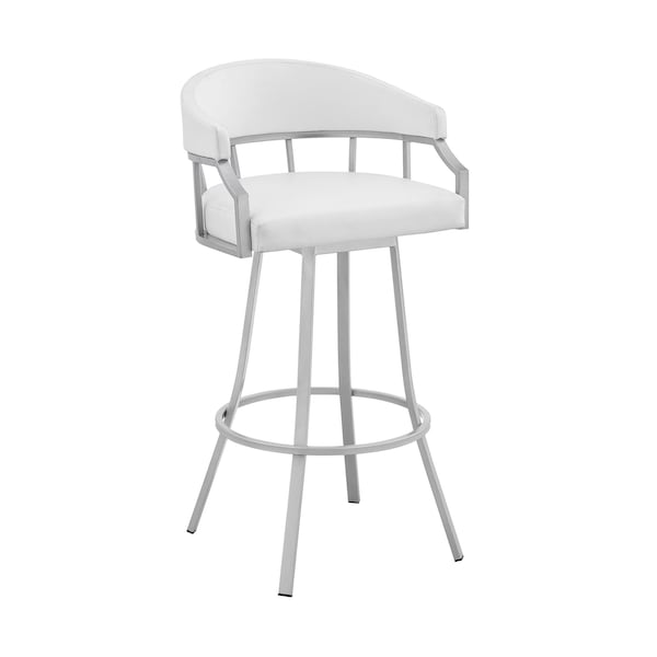 Armen Living Palmdale 30" Swivel White Faux Leather and Silver Metal Bar Stool - 795044878165