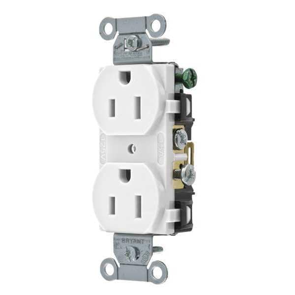 Zoro Select Receptacle, 15 A Amps, 125V AC, Flush Mount, Standard Duplex Outlet, 5-15R, White - BRYCBR15W