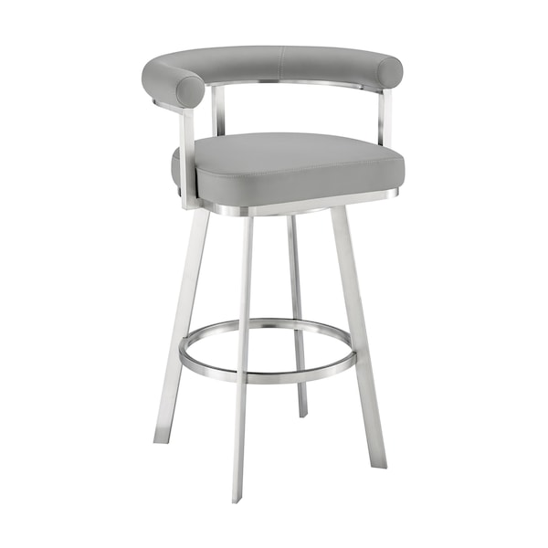 Armen Living Nolagam Swivel Bar Stool in Brushed Stainless Steel with Light Gray Faux Leather - 840254335677
