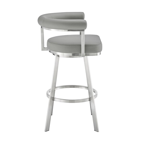 Armen Living Nolagam Swivel Bar Stool in Brushed Stainless Steel with Light Gray Faux Leather - 840254335677